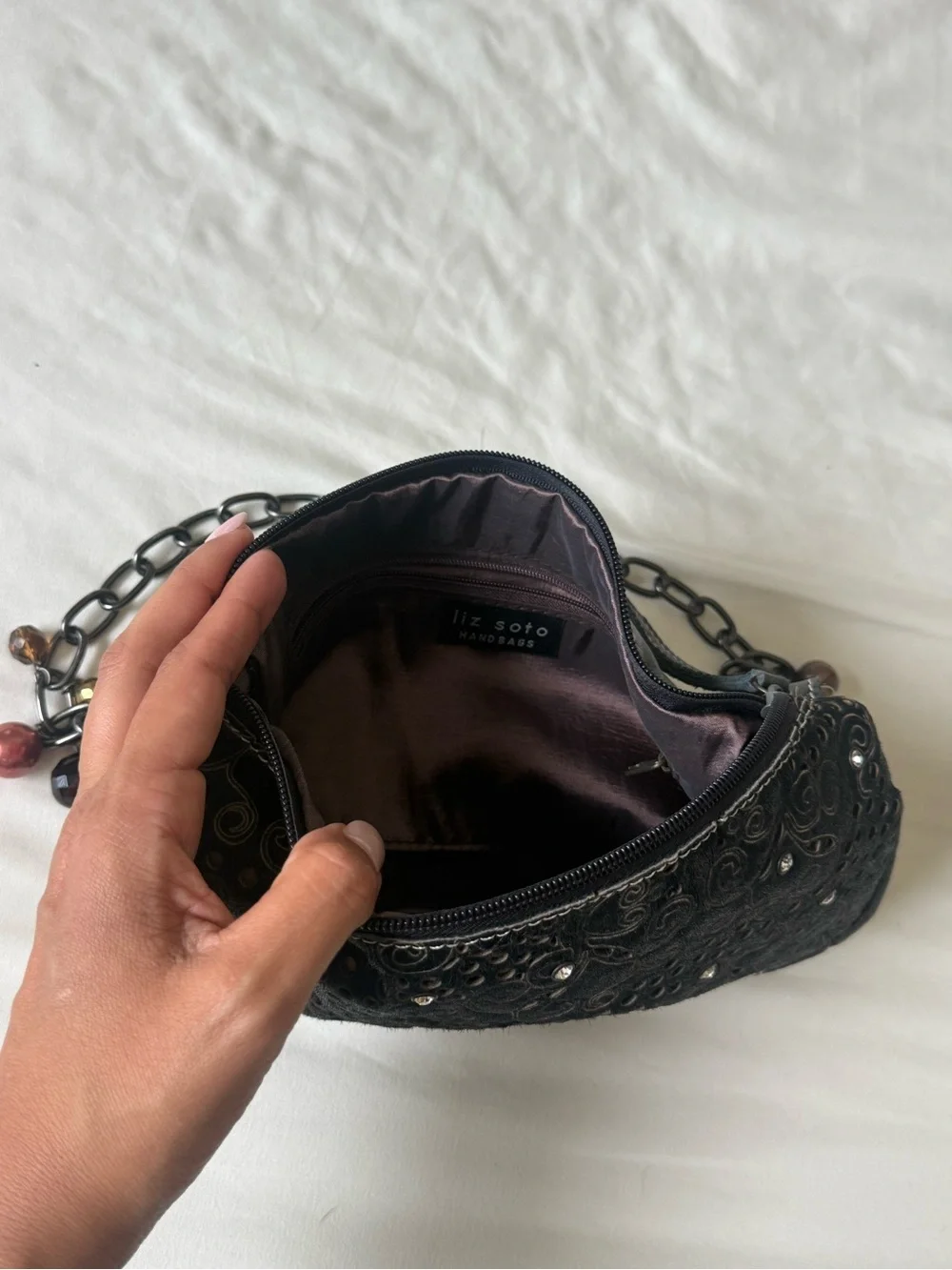 Vintage 90s-y2k | Black/Metallic Laser cut Shoulder Bag with Beaded Chain